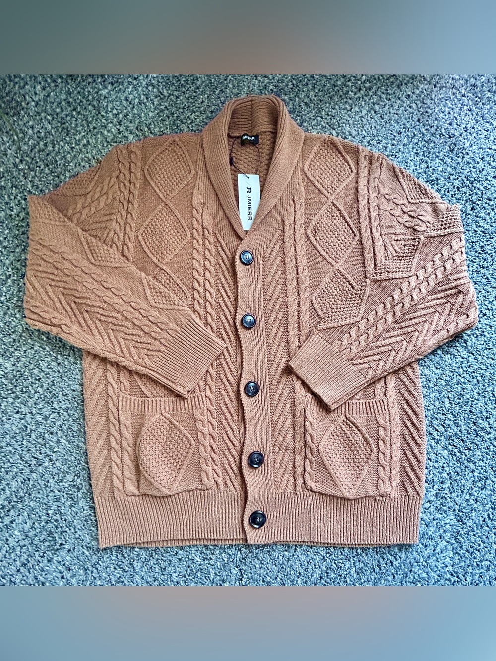 Men's Shawl Collar Cable Knit Cardigan Sweater - Camel/Tan